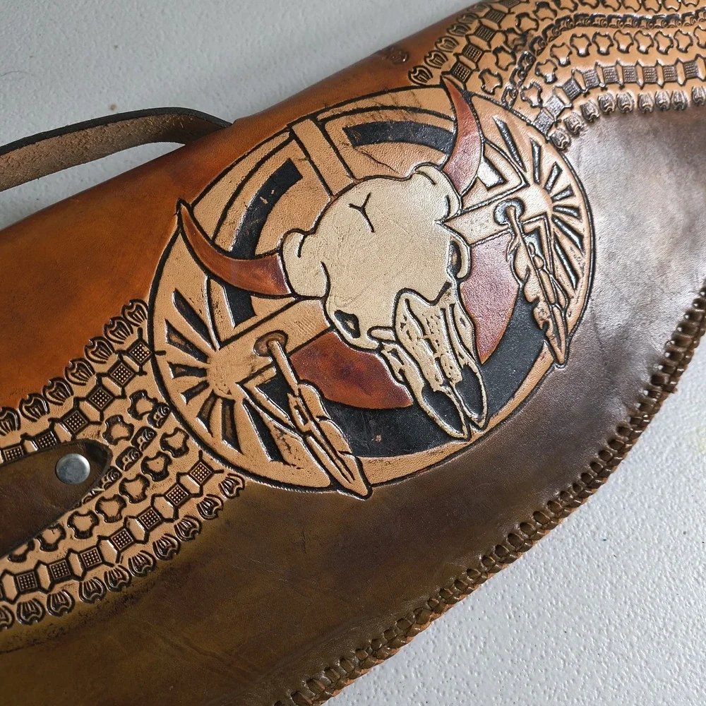 Vintage Hand Tooled Long Horn Skull Leather Rifle/ Shotgun Scabbard / Gun Case